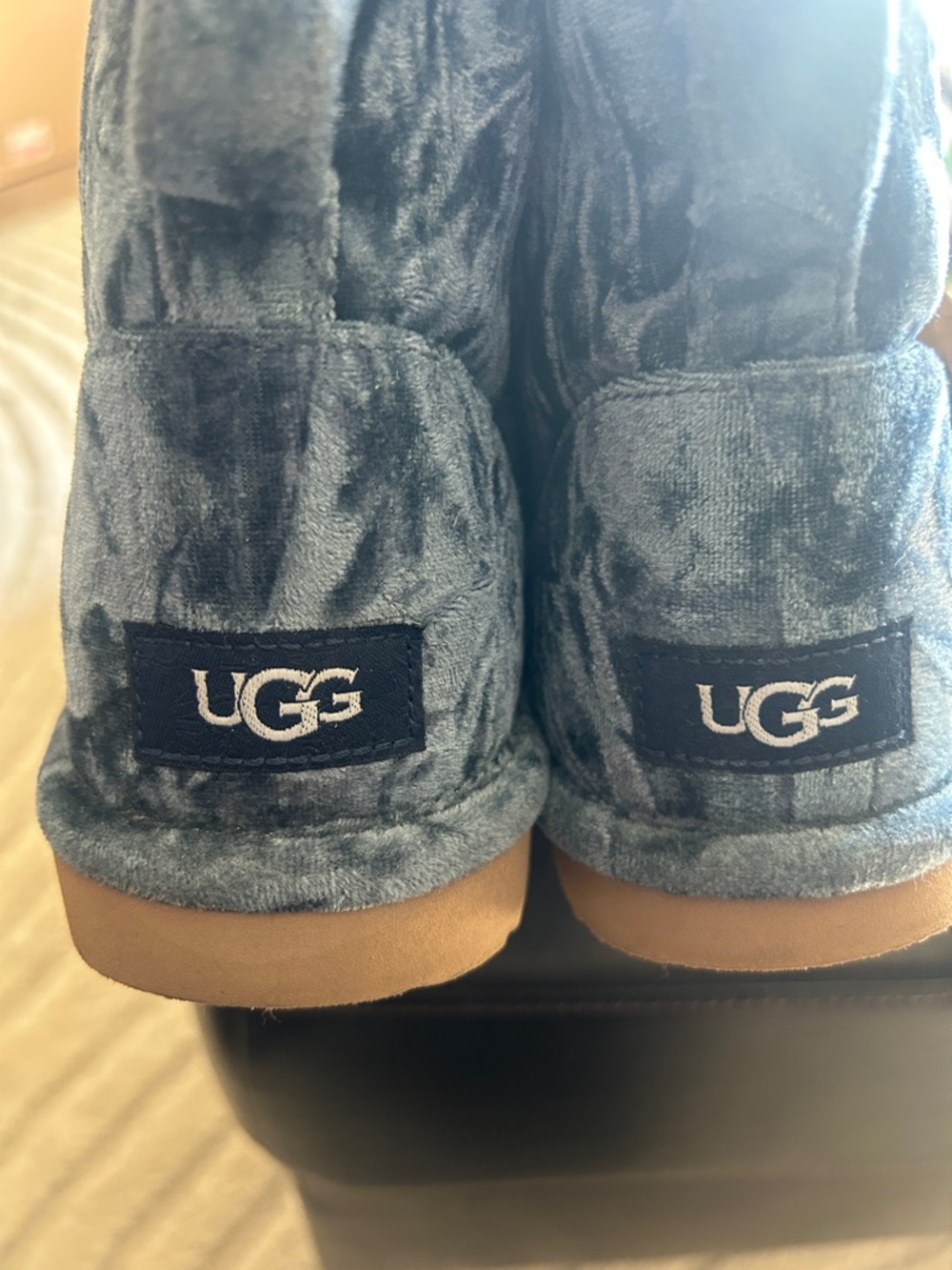 UGG Velvet Short Boots in Blue Velvet with Tan Sole